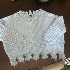 blue fringe knitted crop top